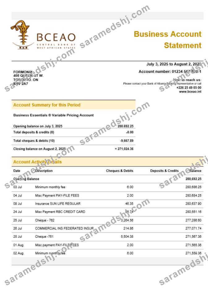 The Central Bank of West African States organization checking account statement Word and PDF format